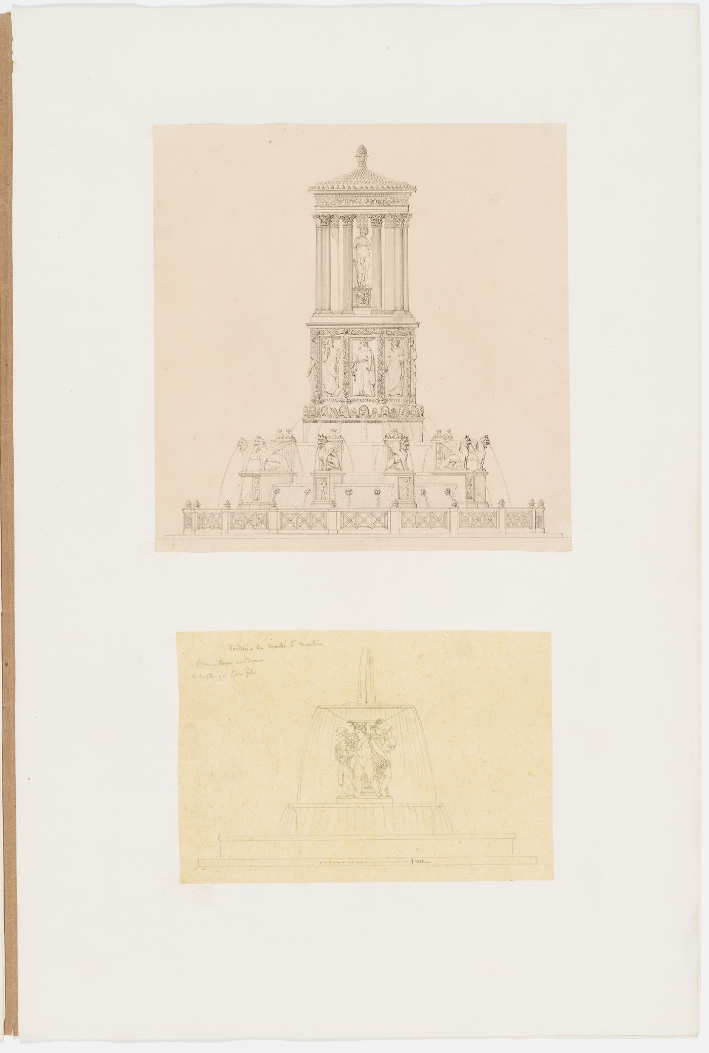 Elevation of a fountain planned for rue Hauteville, Paris, after Mr. Hurtault; Exterior elevation of the fontaine du Marché Saint-Martin, Paris