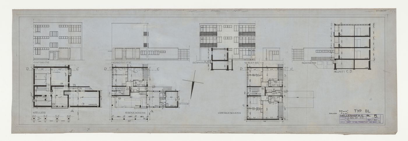 Basement, ground, and first floor plans, north, south, east and west elevations, and sections for a type BL housing unit, Hellerhof Housing Estate, Frankfurt am Main, Germany