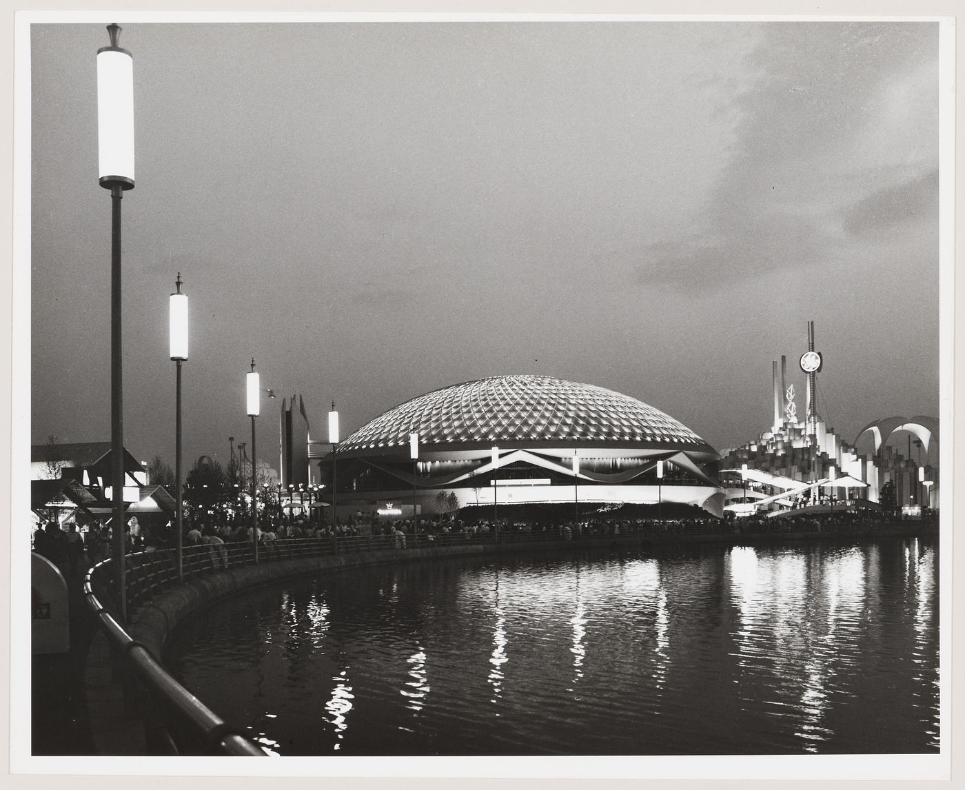 General view of the General Electric Attraction Building at night, World's Fair, New York, New York, United States