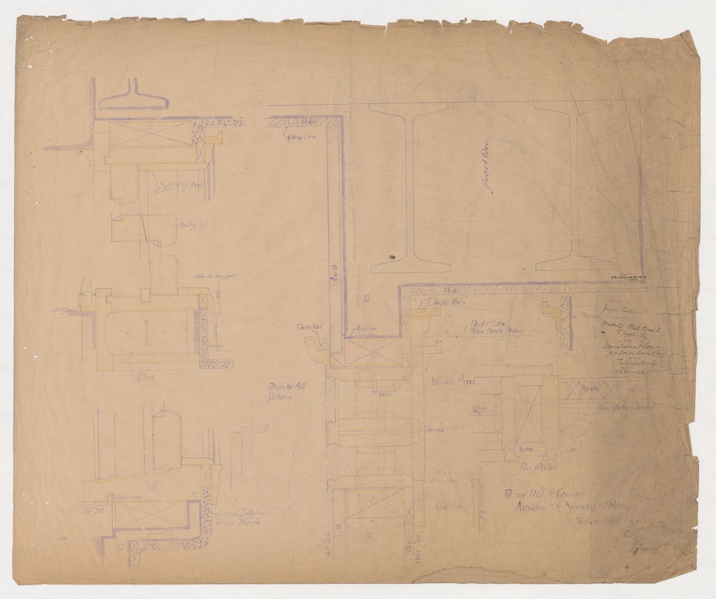 Monadnock and Kearsarge Buildings, Chicago: Sectional and plan details for woodwork for doorframes, window frames, interior partitions and wall mouldings