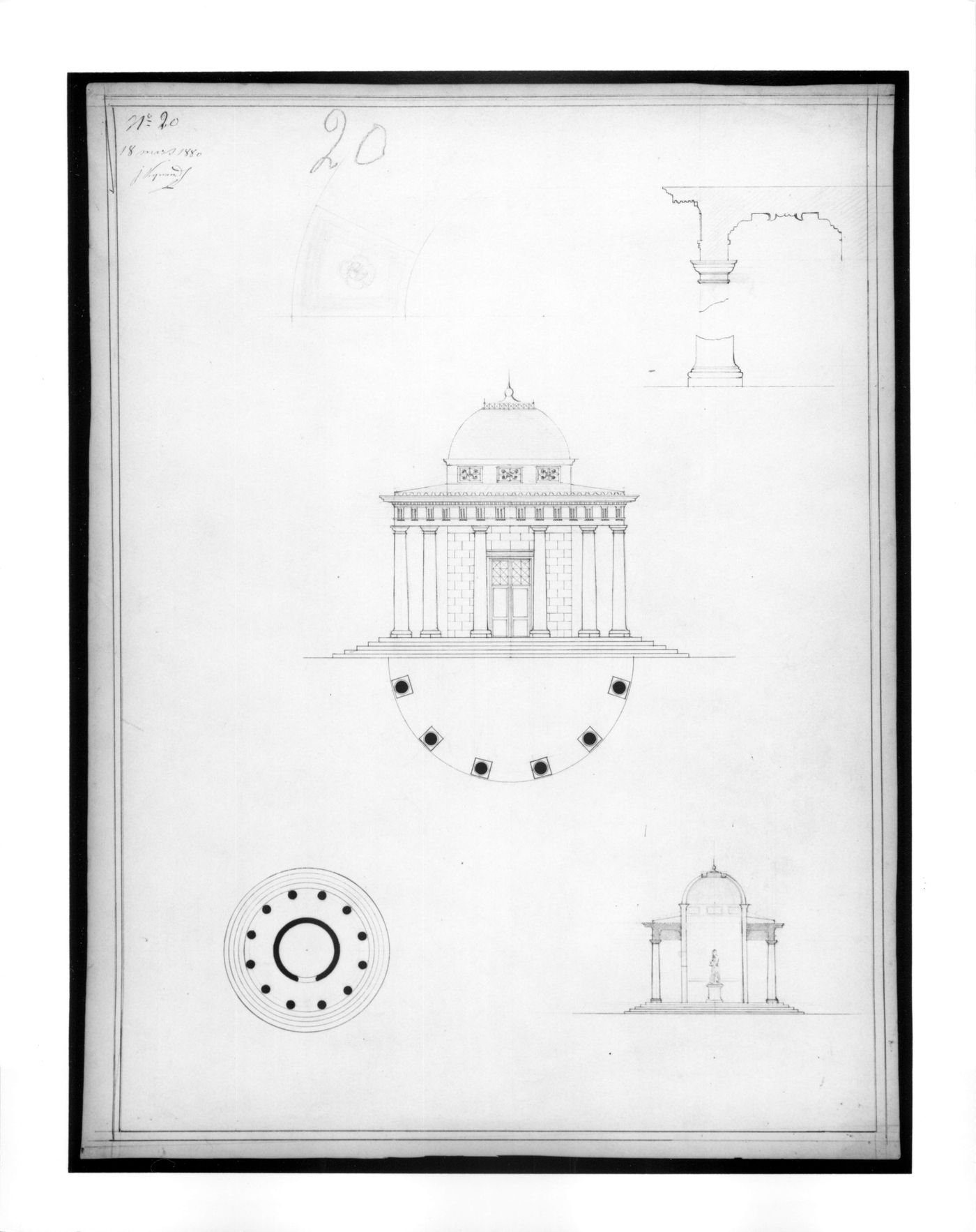 Design for a circular tempiettoplan, elevation, section