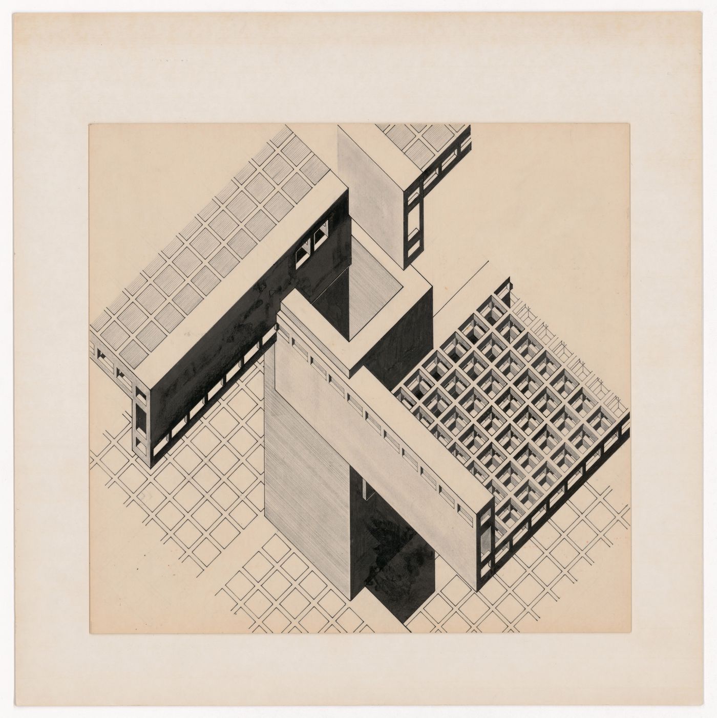 Shops and offices axonometric for The Shape of Cambridge: A Plan, Cambridge University, England