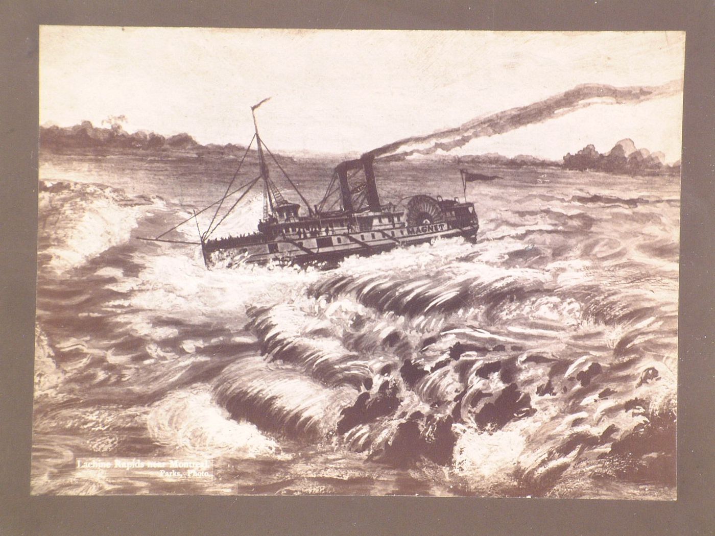 Photograph of a painting of a view of steam boat, Magnet, in the Lachine Rapids, near Montreal, Quebec, Canada
