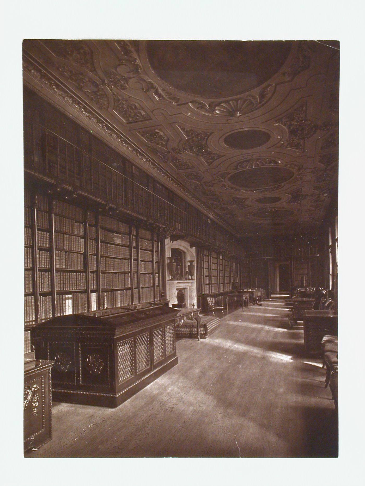 Interior view of the library at Chatsworth House, Derbyshire, England