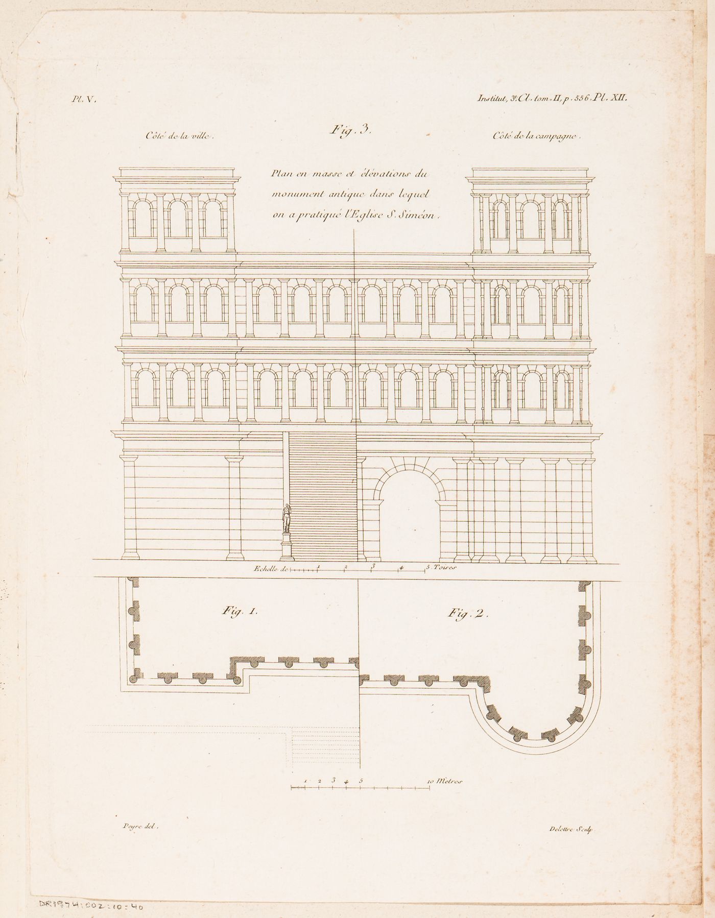 Elevations and plan for an antique monument erected in Église S. Siméon
