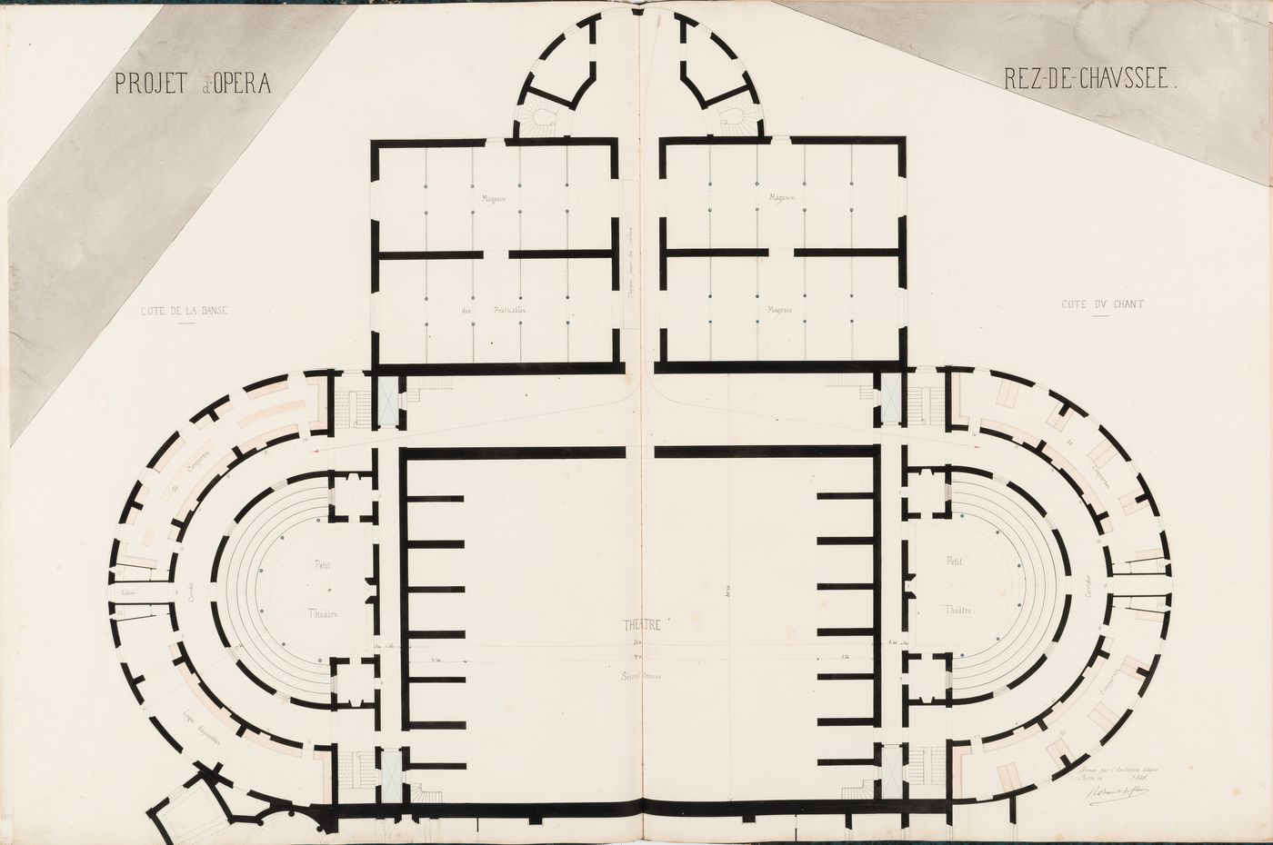 Project for an opera house for the Théâtre impérial de l'opéra: Ground floor plan showing the "cote de la danse", "cote du chant", and storerooms