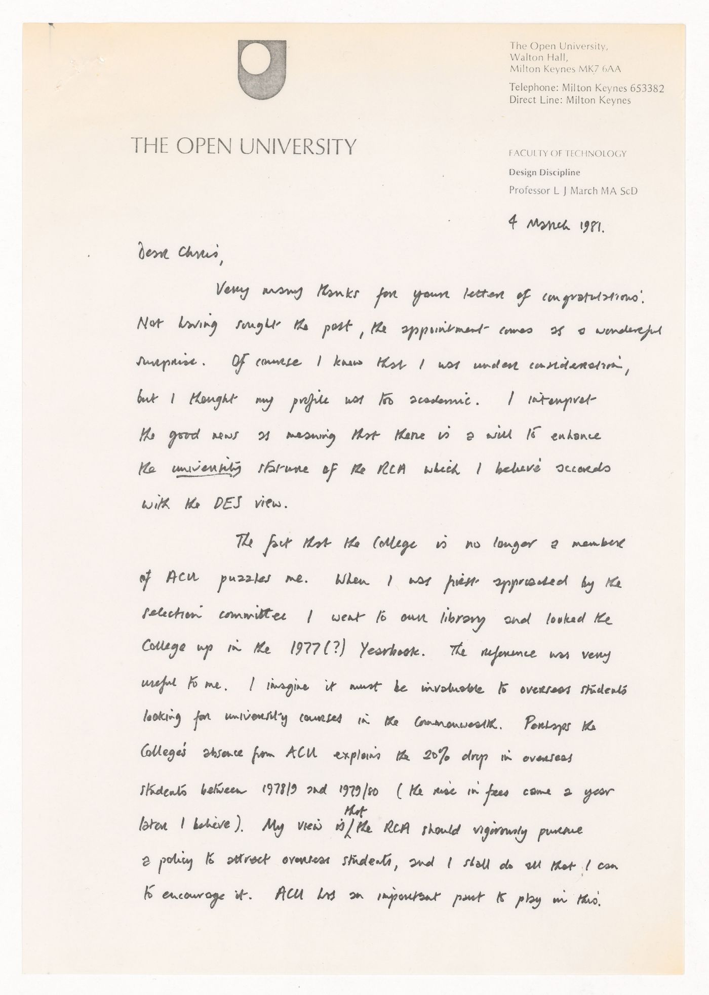 Response letter of Lionel March to Anastasios Christodoulou's letter of congratulations for his appointment as rector of the Royal College of Art in London