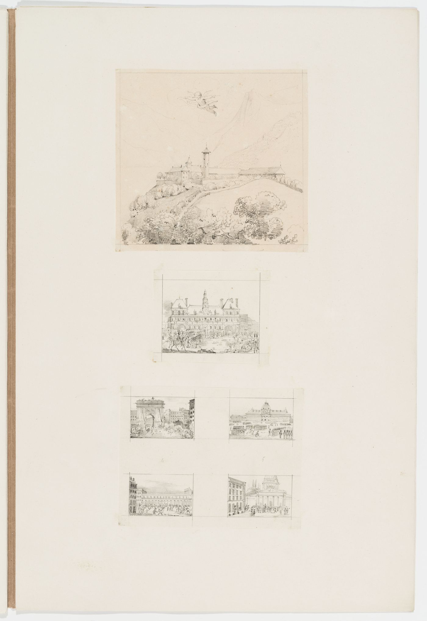 View of a building on a hill, perhaps a farm; Views of structures in Paris, including the Panthéon, Hôtel de ville, and Porte Saint-Denis with military activities in the foreground