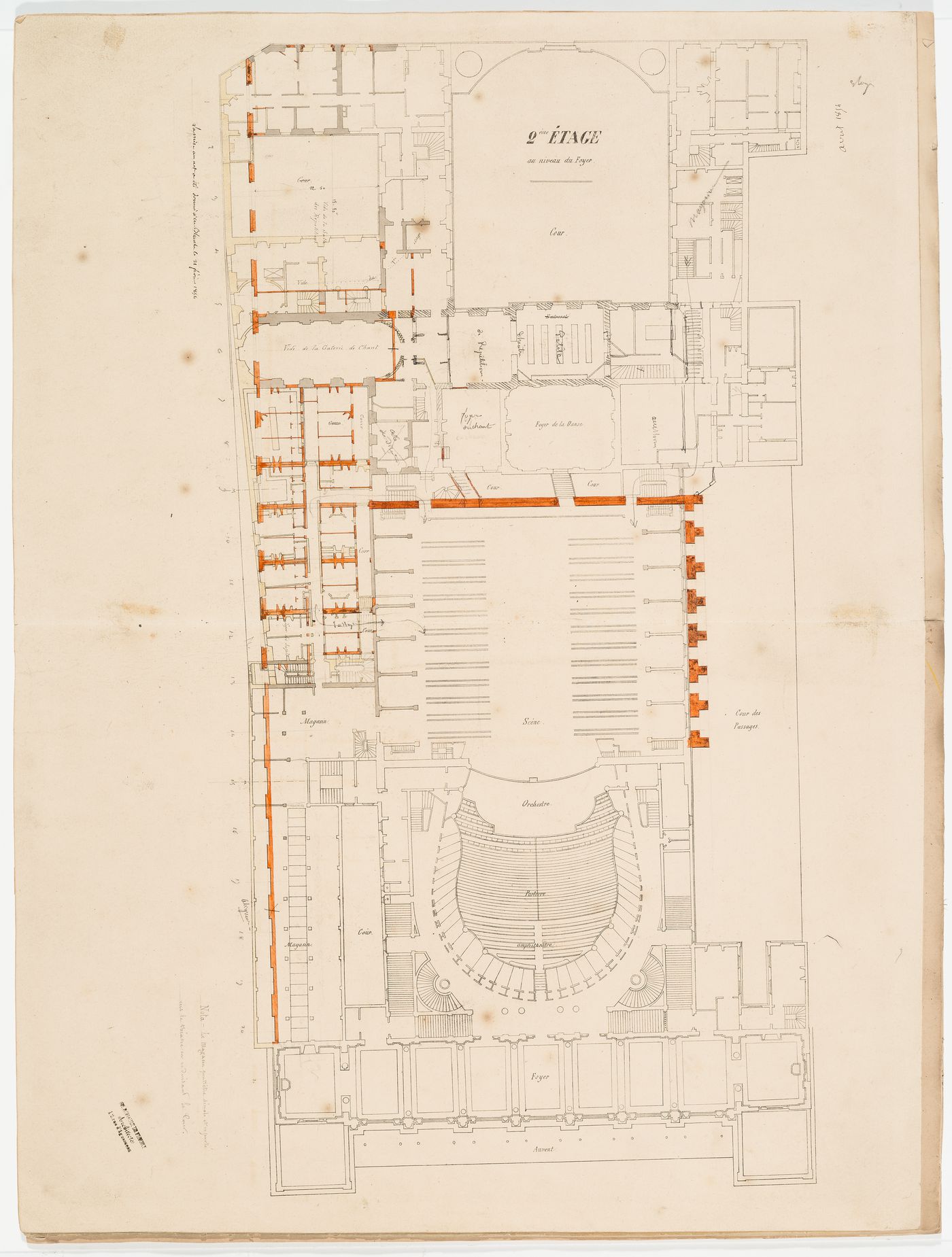 Plan of the second floor "au niveau du foyer" with additions for alterations, Salle Le Peletier