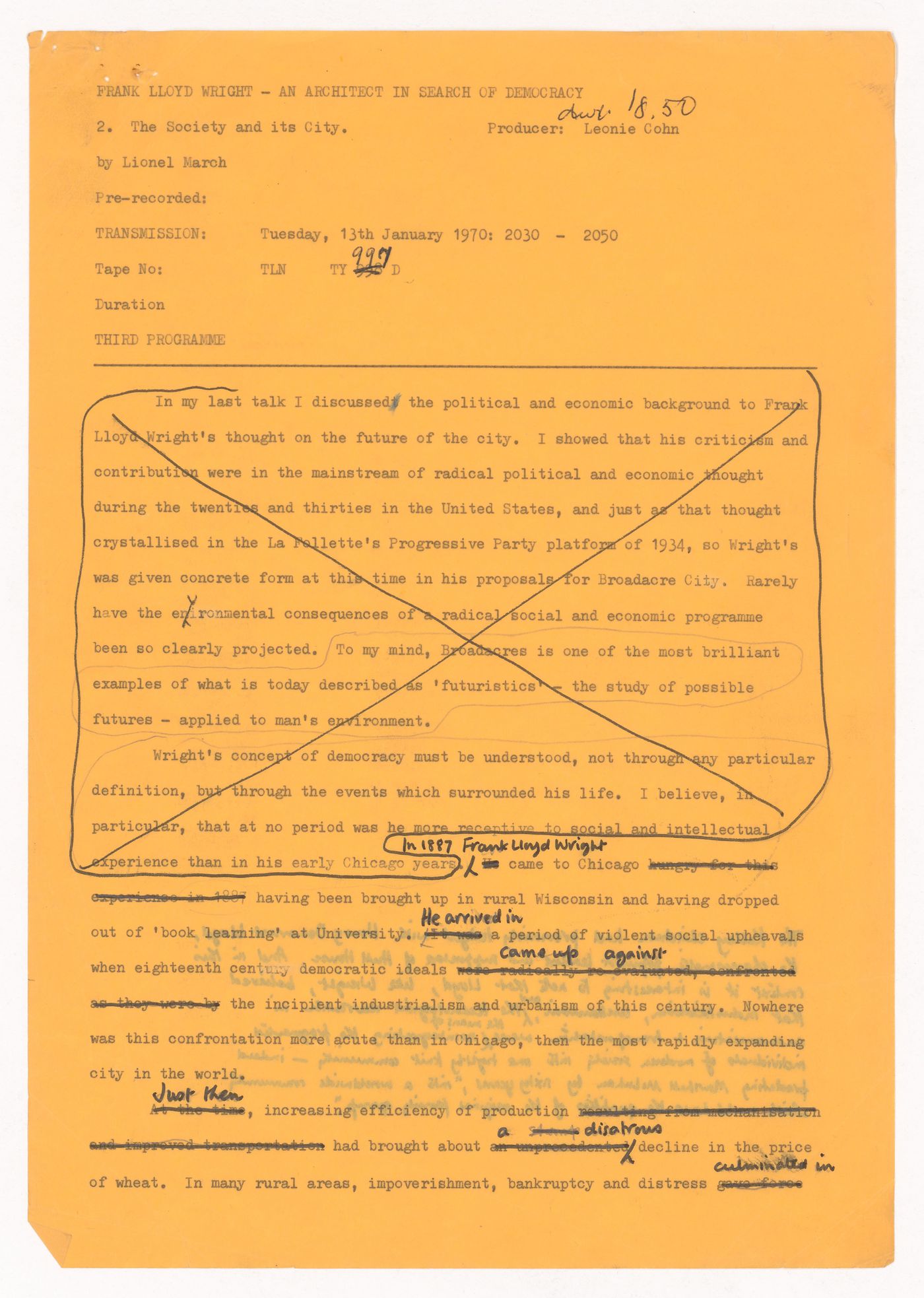 Draft transcription of radio broadcast lecture "Frank Lloyd Wright: an Architect in Search of Democracy" by Lionel March