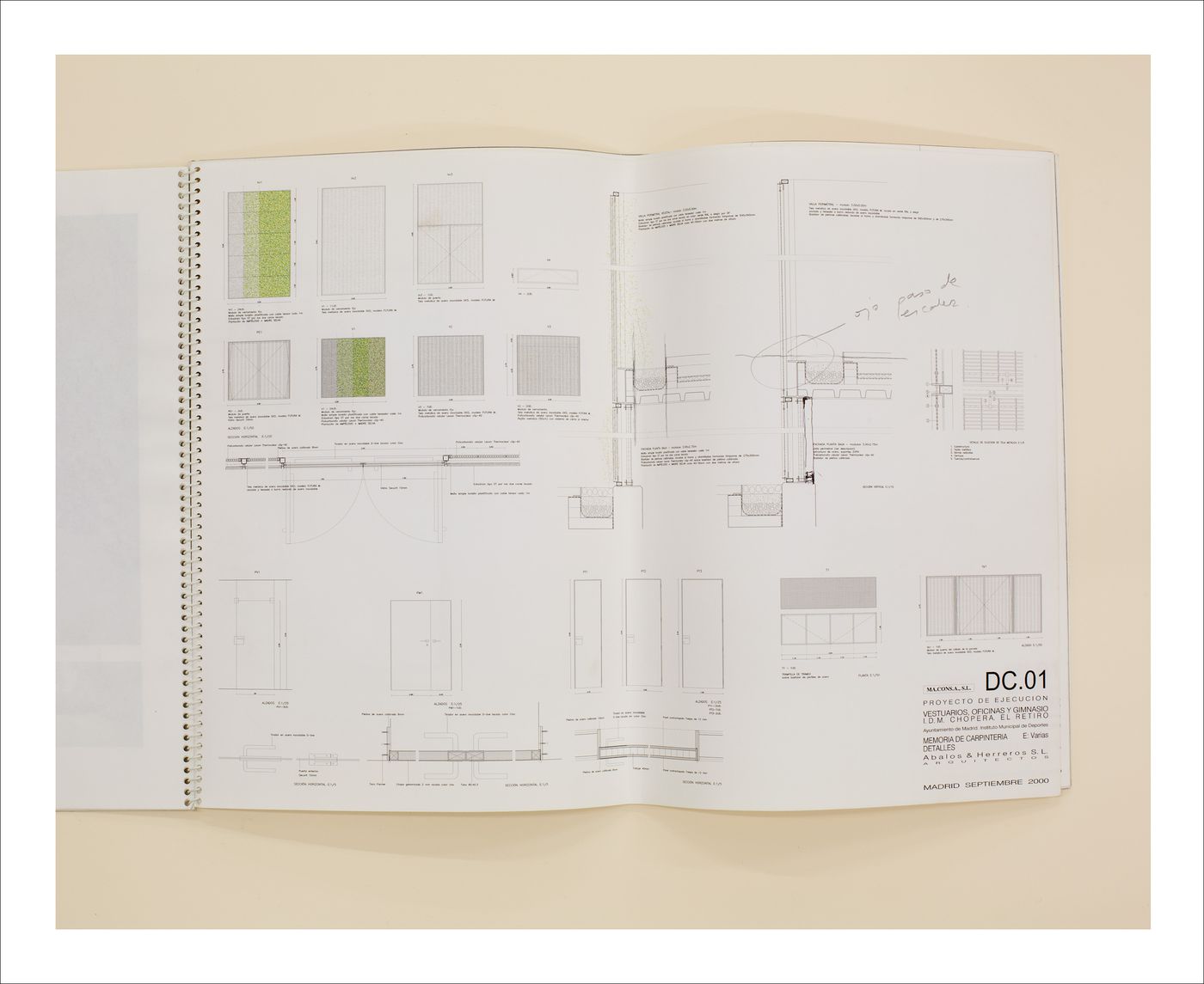 Proofs of Relevance: View of  technical drawings in a spiral-bound book showing the Retiro Park Gymnasium, Abalos & Herreros (1993-2003), Madrid, Spain