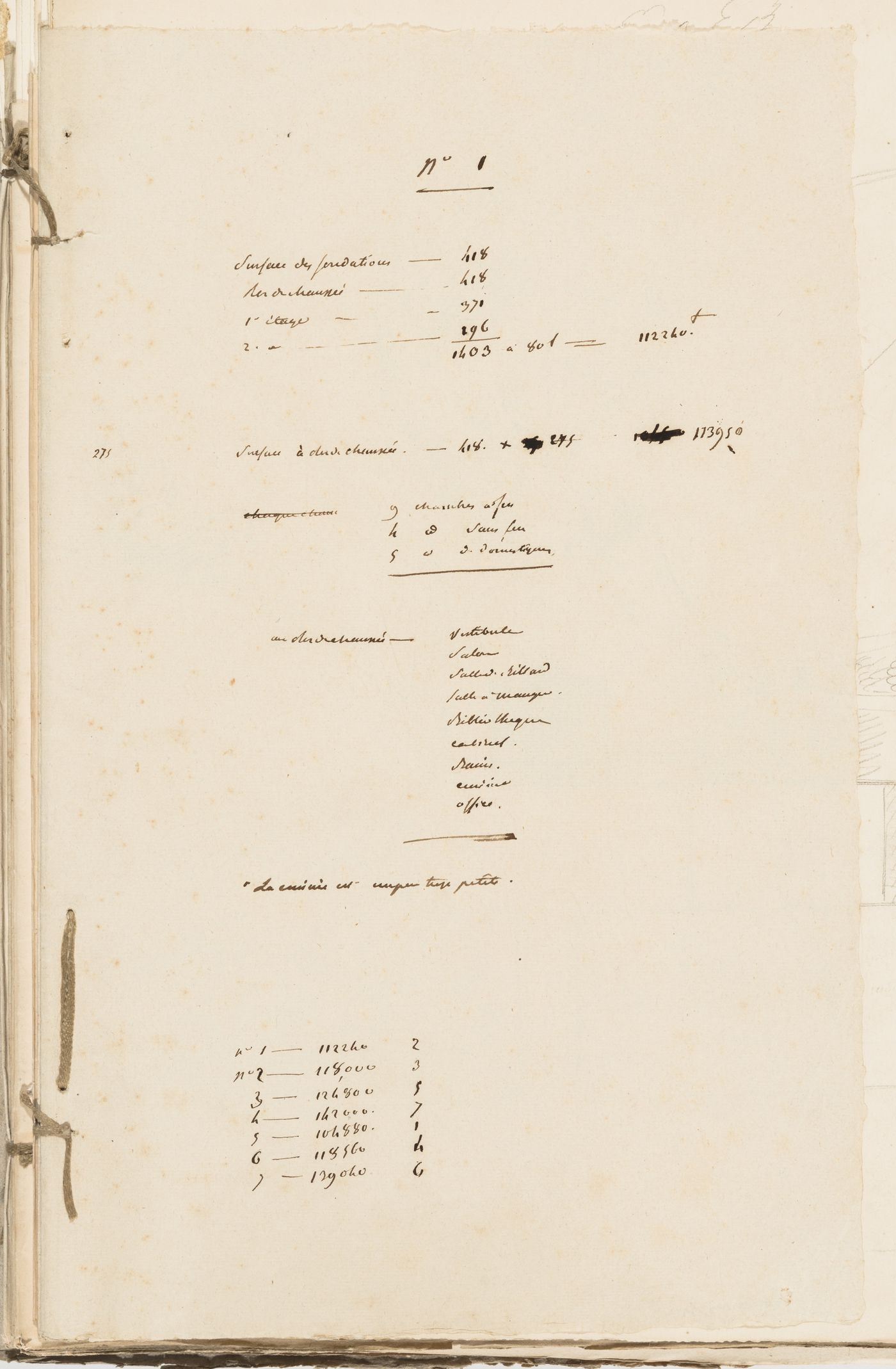 Project no. 1 for a country house for comte Treilhard: Notes and calculations