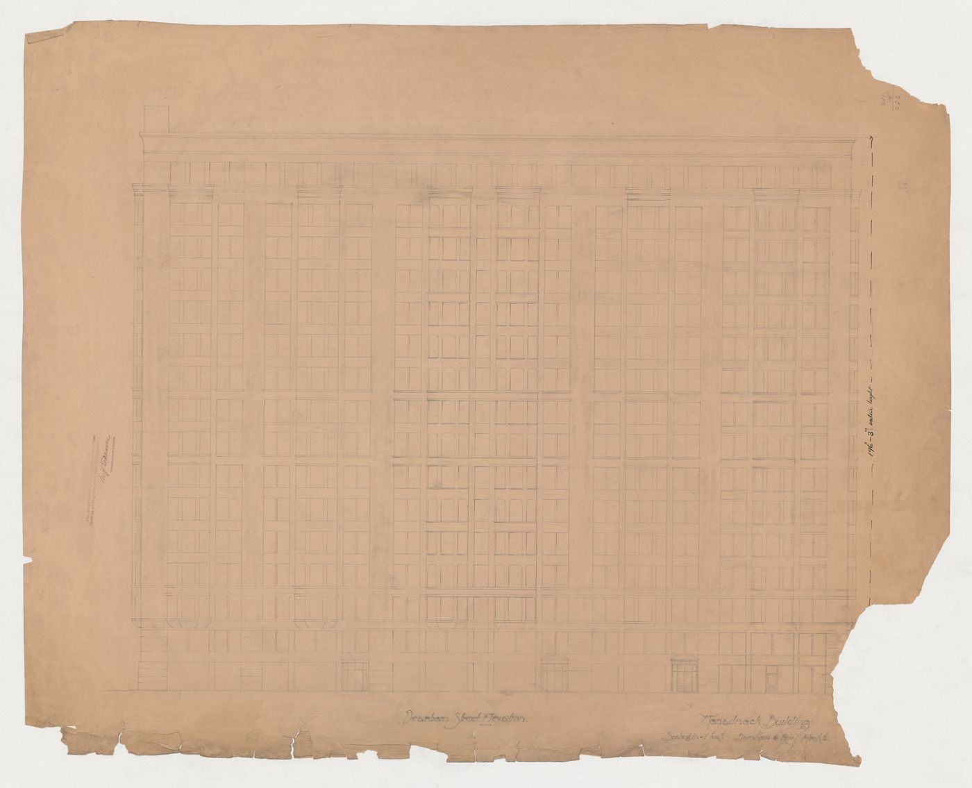 Monadnock Building, Chicago: Dearborn Street elevation for the sixteen-storey steel frame project