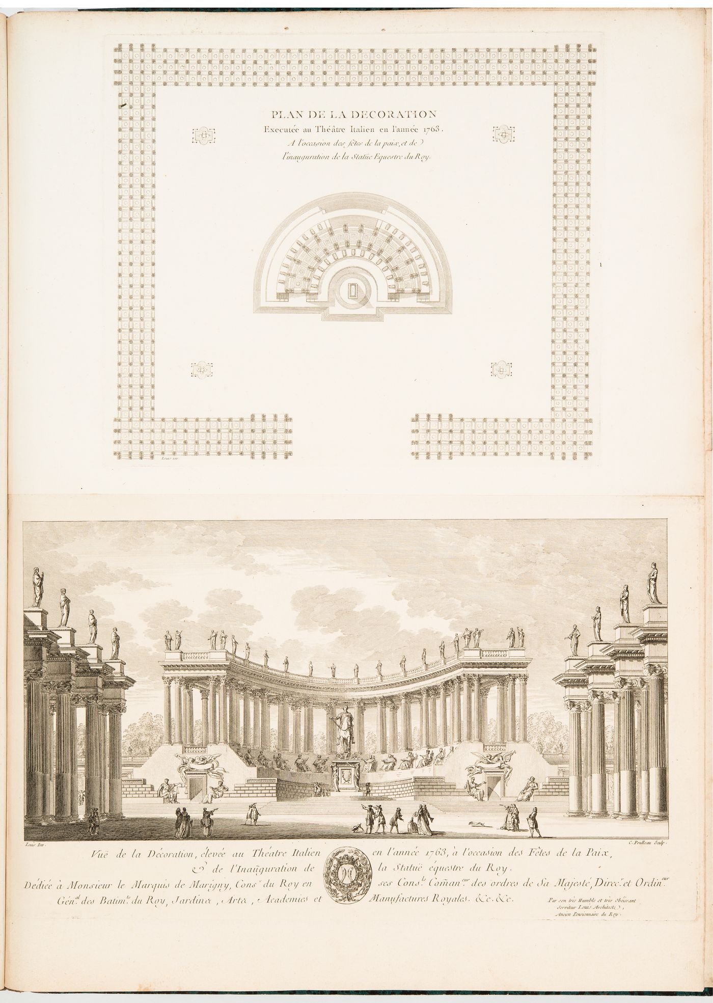 Decorations for the Théâtre italien for the fêtes de la paix and the inauguration of the equestrian statue of Louis XV, Paris: Perspectival view