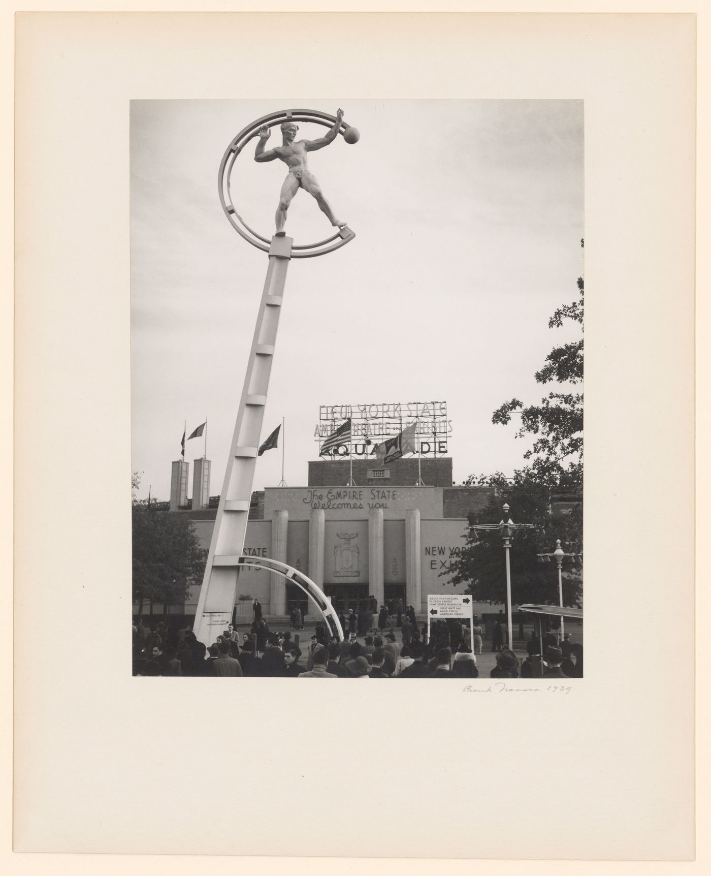 New York World's Fair (1939-1940): View of New York State Amphitheatre and exhibits, featuring the Aquacade