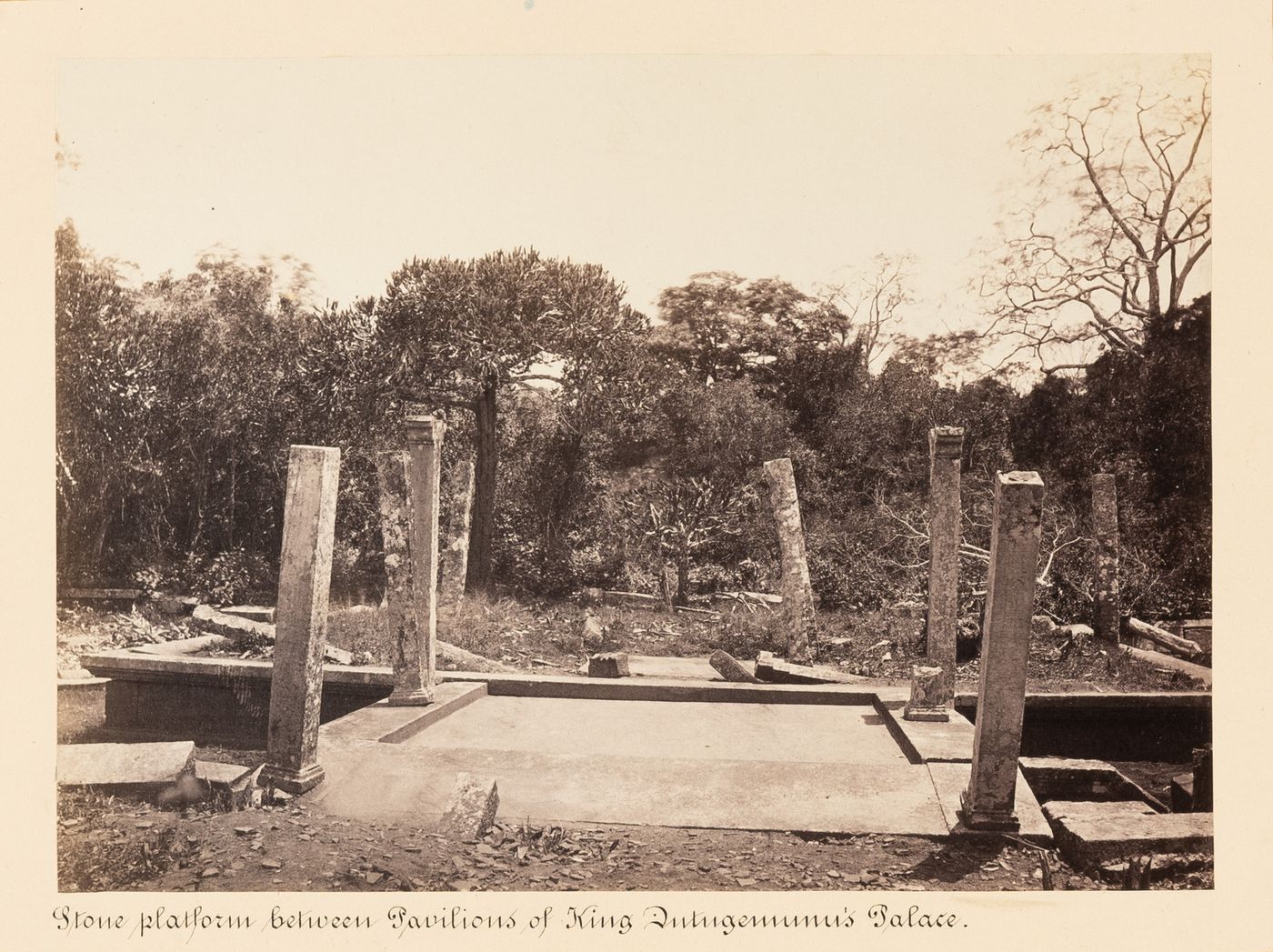 View of a stone platform, King Mahasen's Palace, Anuradhapura, Ceylon (now Sri Lanka)