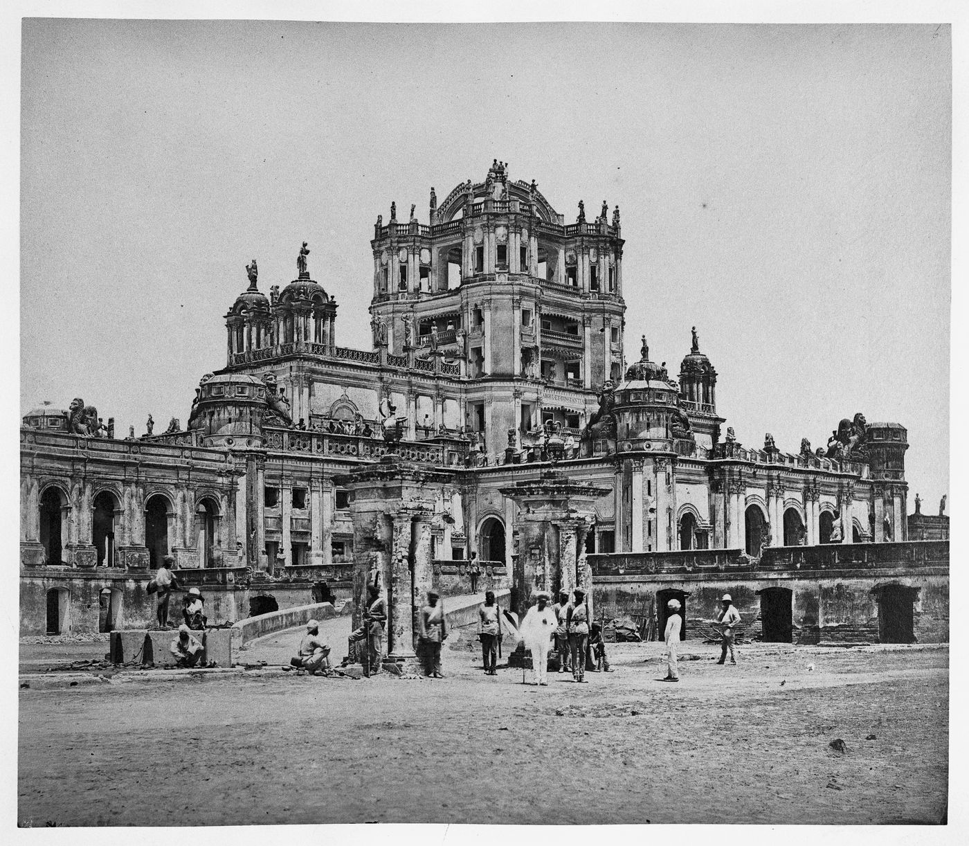 View of Constantia, the main building of La Martinière College, with members of the Sikh Regiment of Ferozepur in the foreground, Lucknow, India