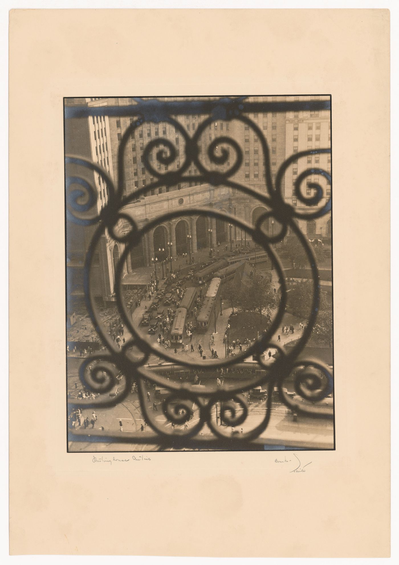 Public Square (the Terminal Tower) at 5:00, seen through a Wiliamson Building grille, Cleveland, Ohio, United States