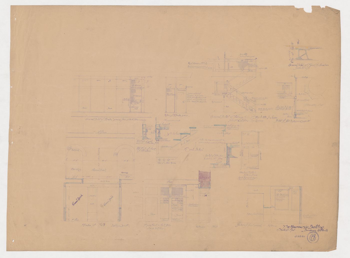 Kearsarge Building, Chicago: Partial elevations and sectional and plan details for the entrances, doors, stairs, elevator enclosures and interior walls