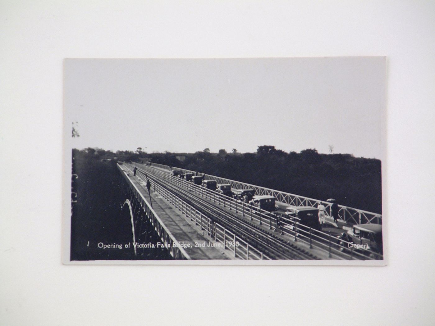 Postcard showing cars driving on Victoria Falls Bridge during its reopening, Zambezi River, crossing the border between Victoria Falls, Zimbabwe and Livingstone, Zambia