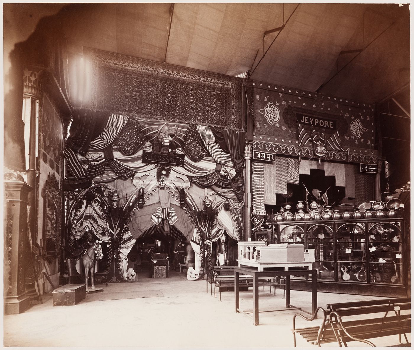 Interior view of a pavilion showing the Assam and Jeypore exhibits, Calcutta International Exhibition of 1883-1884, India