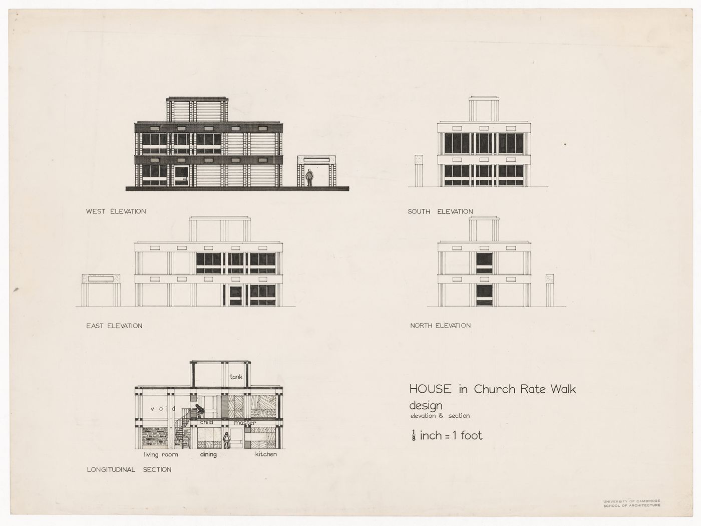 House elevations and section for The Shape of Cambridge: A Plan, Cambridge University, England