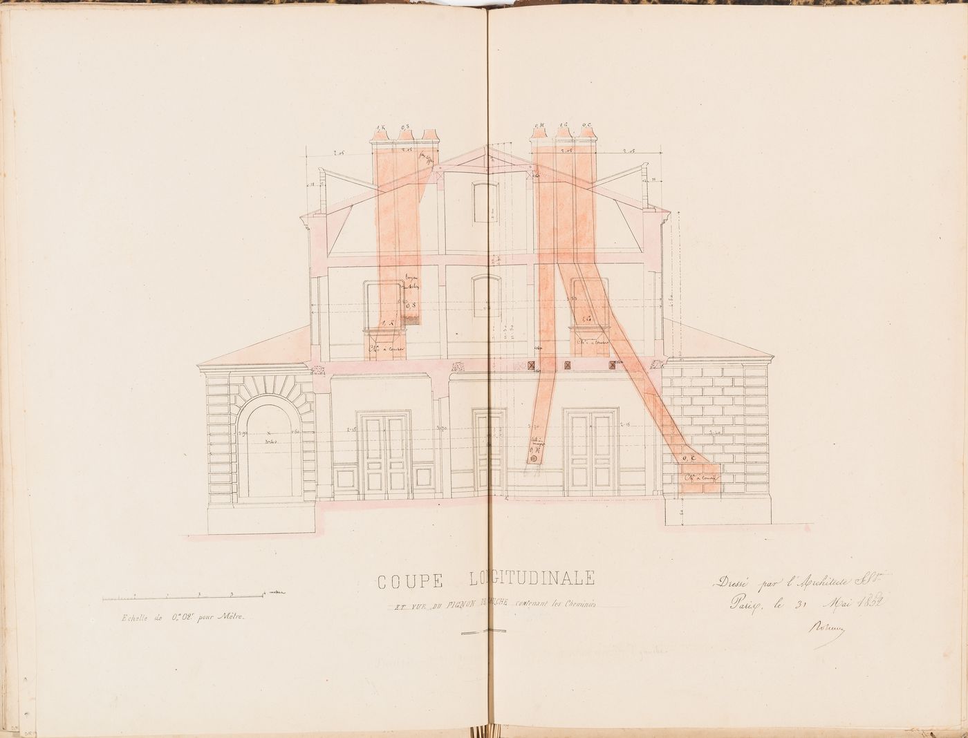Cross section through the left gable showing the placement of the chimneys and flues for a country house for Madame de Lescure, Royan