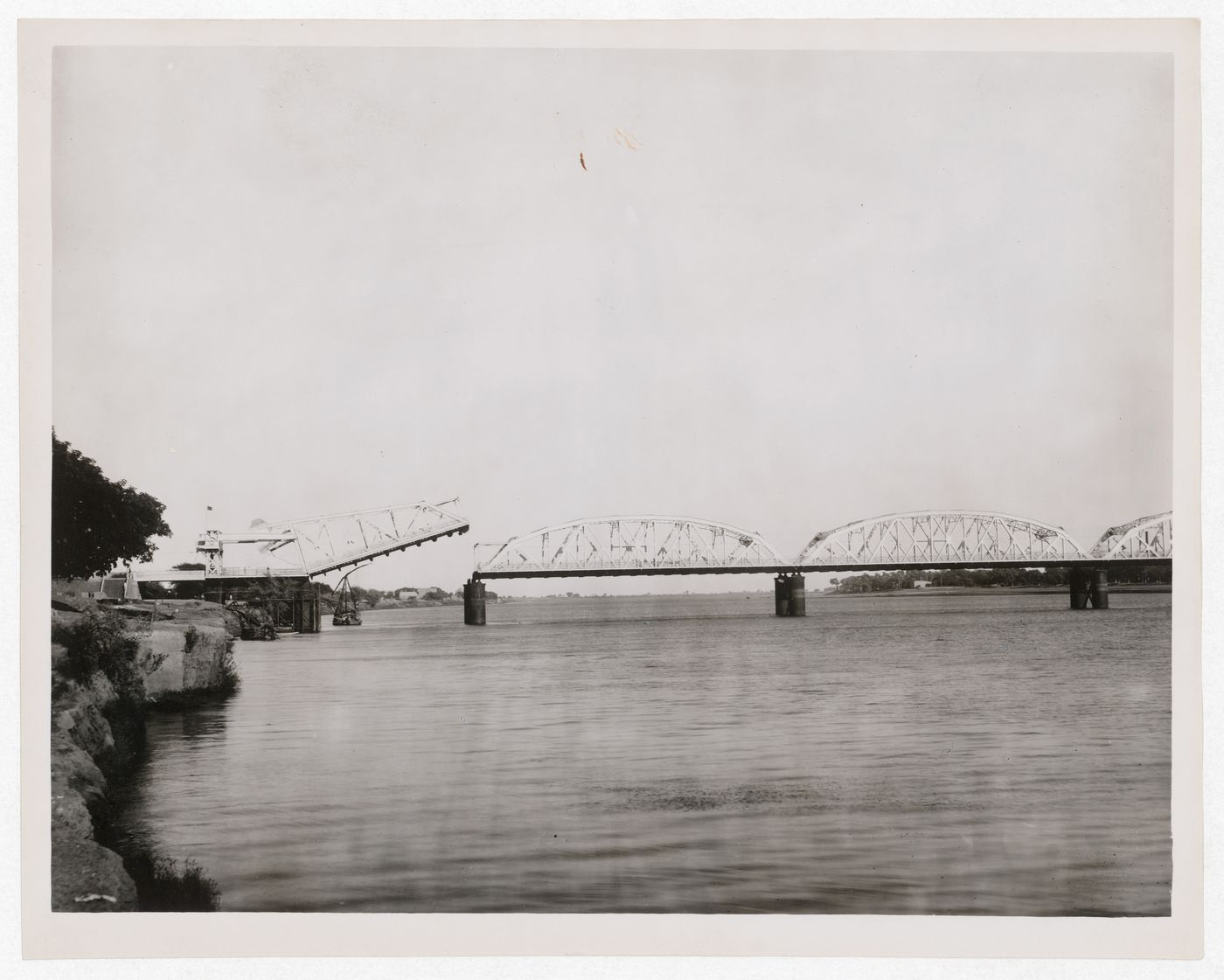 Landscape view of the Blue Nile Road and Railway Bridge with its drawbridge raised, Khartoum, Sudan