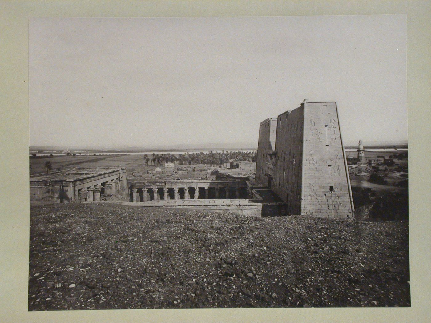 Temple of Horus, general view from West showing Outer Hypostyle Hall (R); Court of Offerings (c); Entrance Pylon (R), Edfu, Egypt