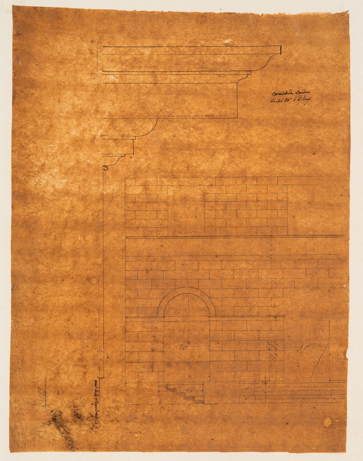 Project for renovations for a house for M. le Dhuy: Detail for the cornice and partial elevation