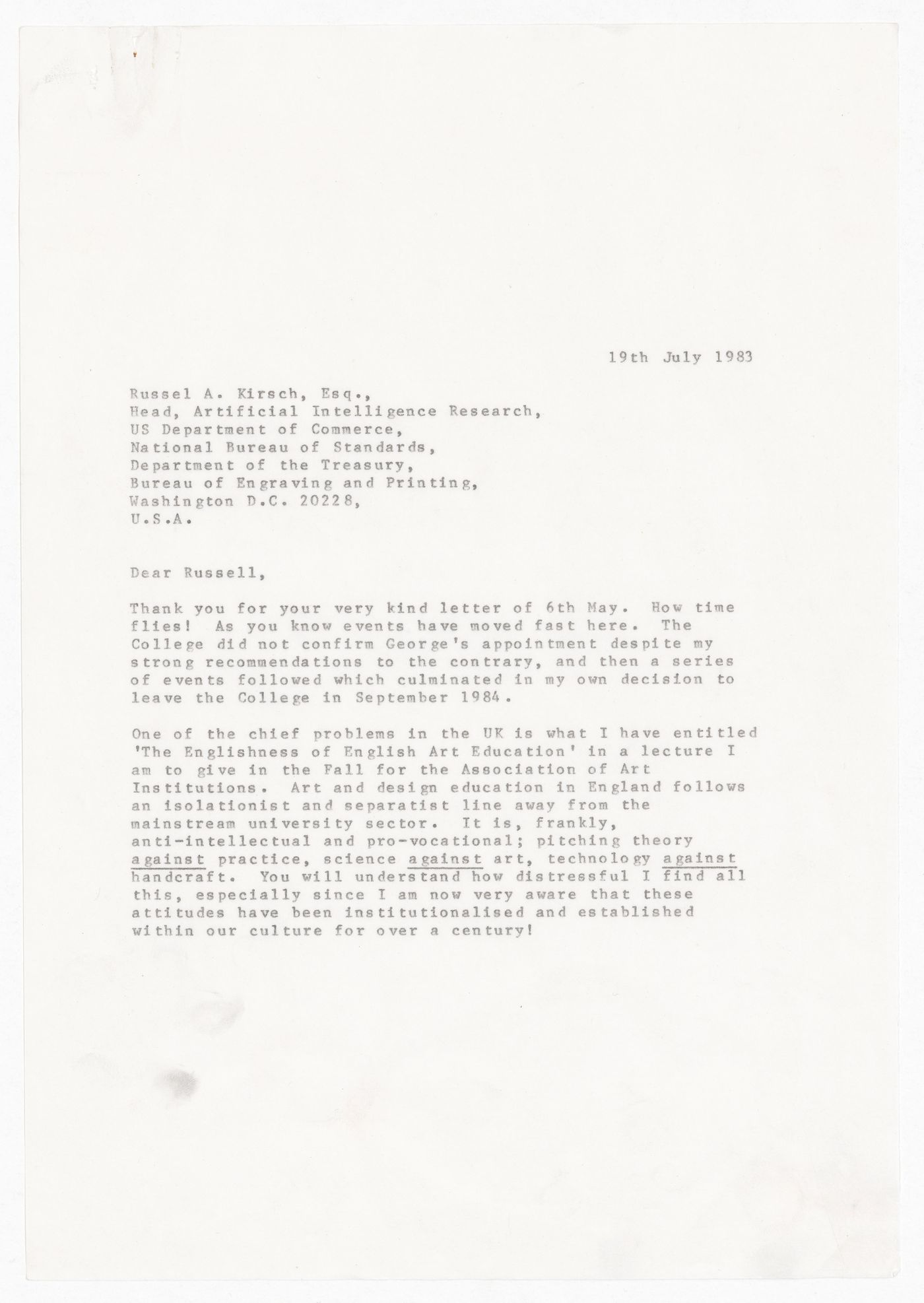 Letter from Lionel March to Russell A. Kirsch