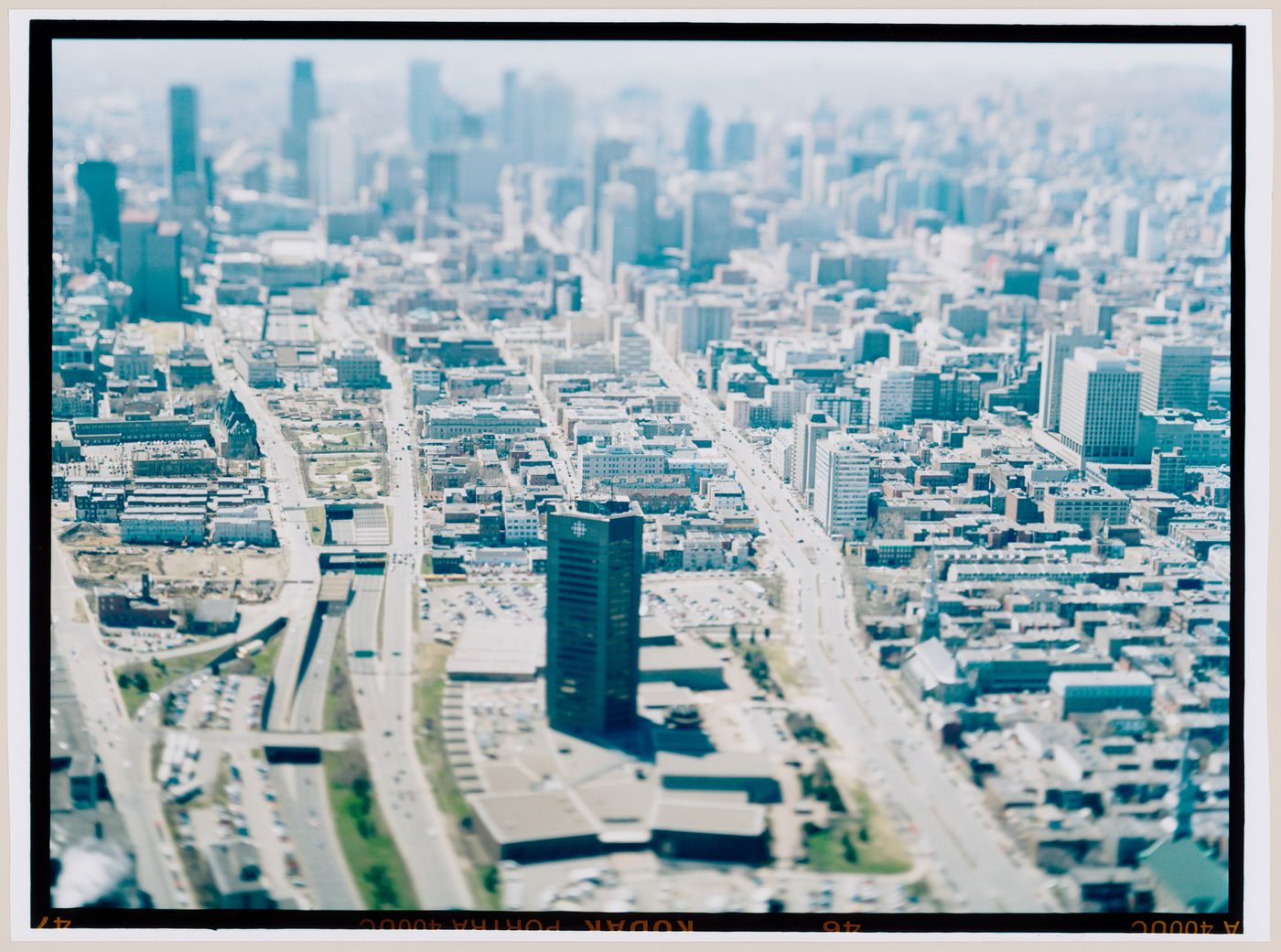 Downtown Montreal seen from the east, with the Maison de Radio-Canada in the foreground