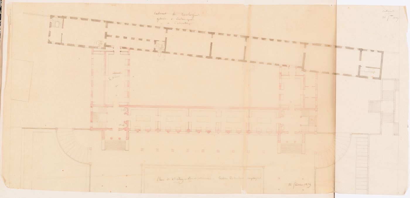 Project for a Galerie de botanique et de paléontologie, 1839: Plans for the first and ground floors