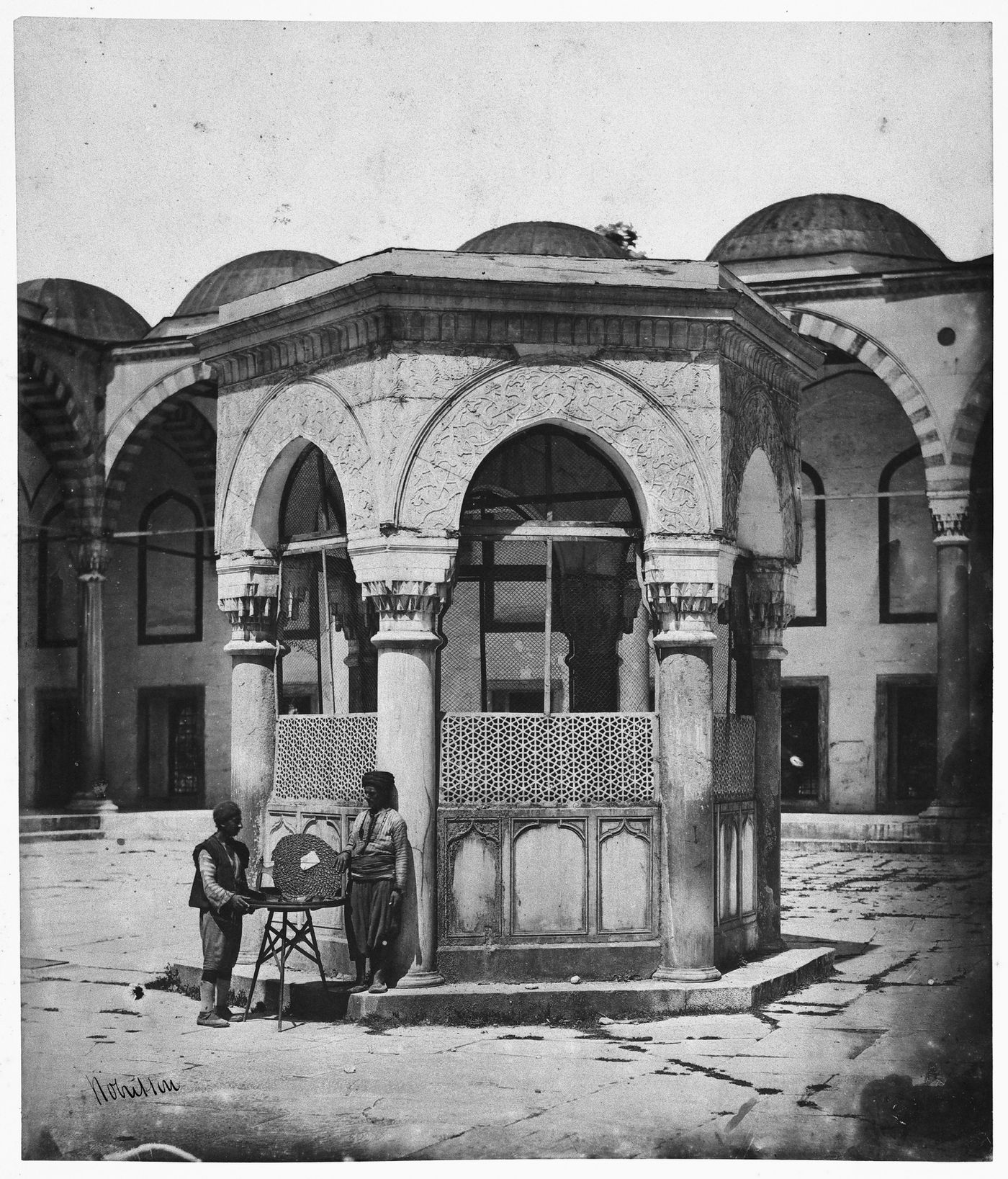 View of a fountain in the courtyard, Sultanahmet Camii (also known as the Blue Mosque), Constantinople (now Istanbul), Ottoman Empire (now in Turkey)