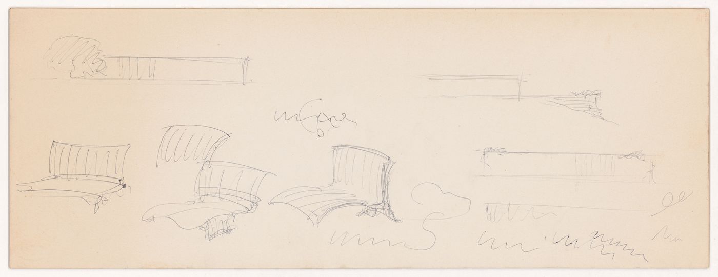 Sketches for conchoidal chairs without arms and sketch elevations for a Court House, possibly after Mountain House