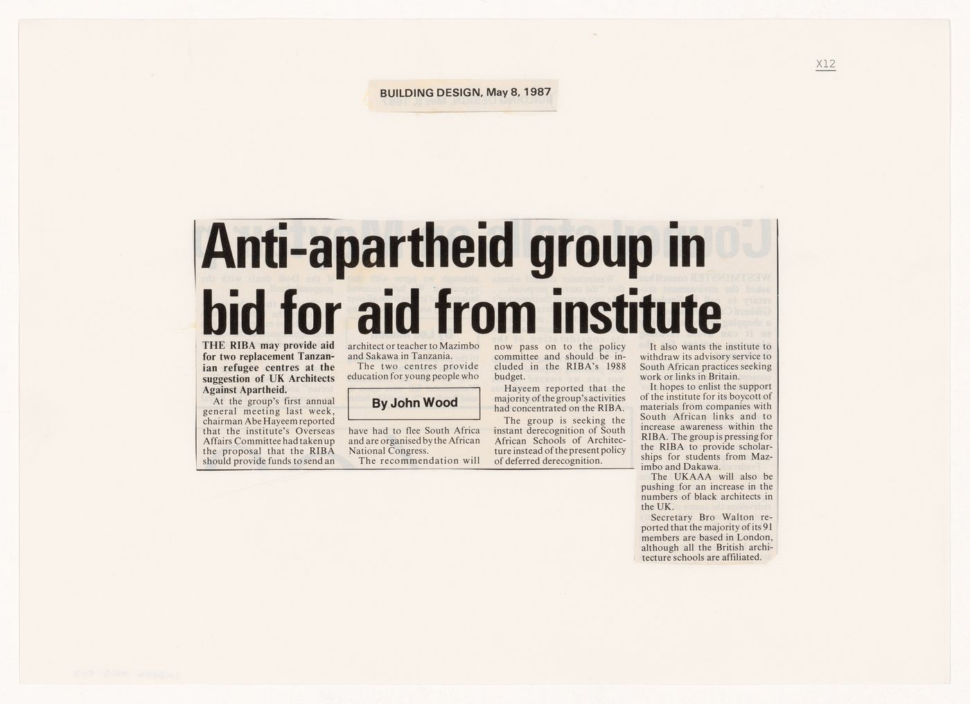 Newspaper clipping, "Anti-apartheid group in bid for aid from institute"