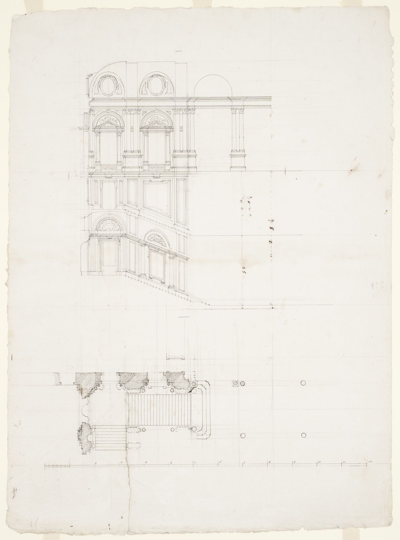 Partial section with partial plan showing a staircase, Castello di Rivoli, Turin