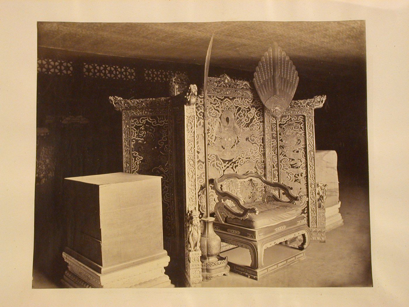 Interior view of a chair and screen, Forbidden City [?], Peking (now Beijing) [?], China