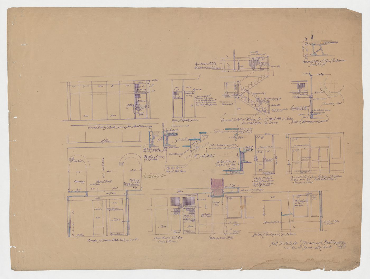 Monadnock Building, Chicago: Partial elevations and sectional and plan details for entrances, doors, stairs and elevator enclosure