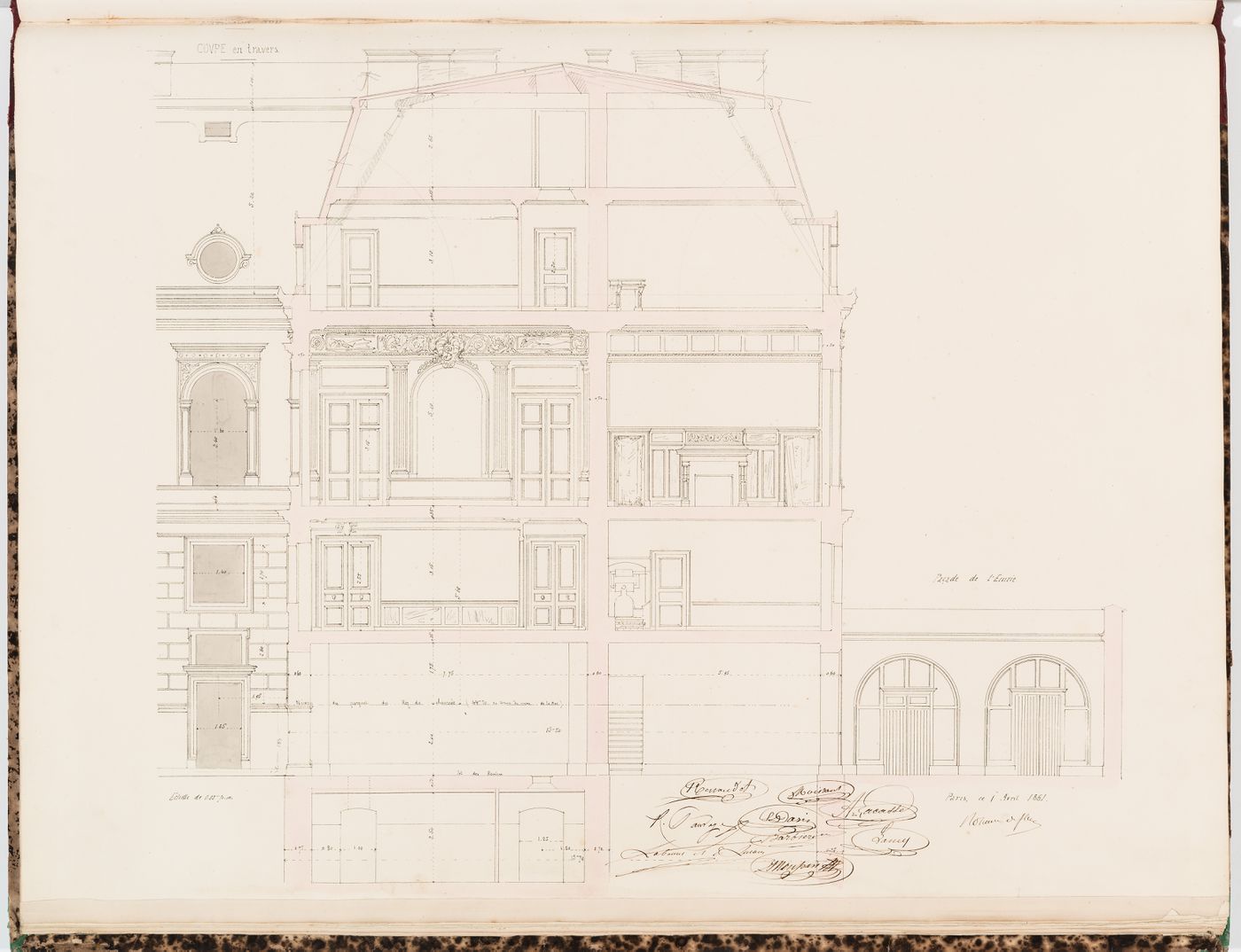 Cross section through the "pavillon sud", including an elevation for the stables and a partial elevation for the entrance façade, Hôtel Sauvage, Paris