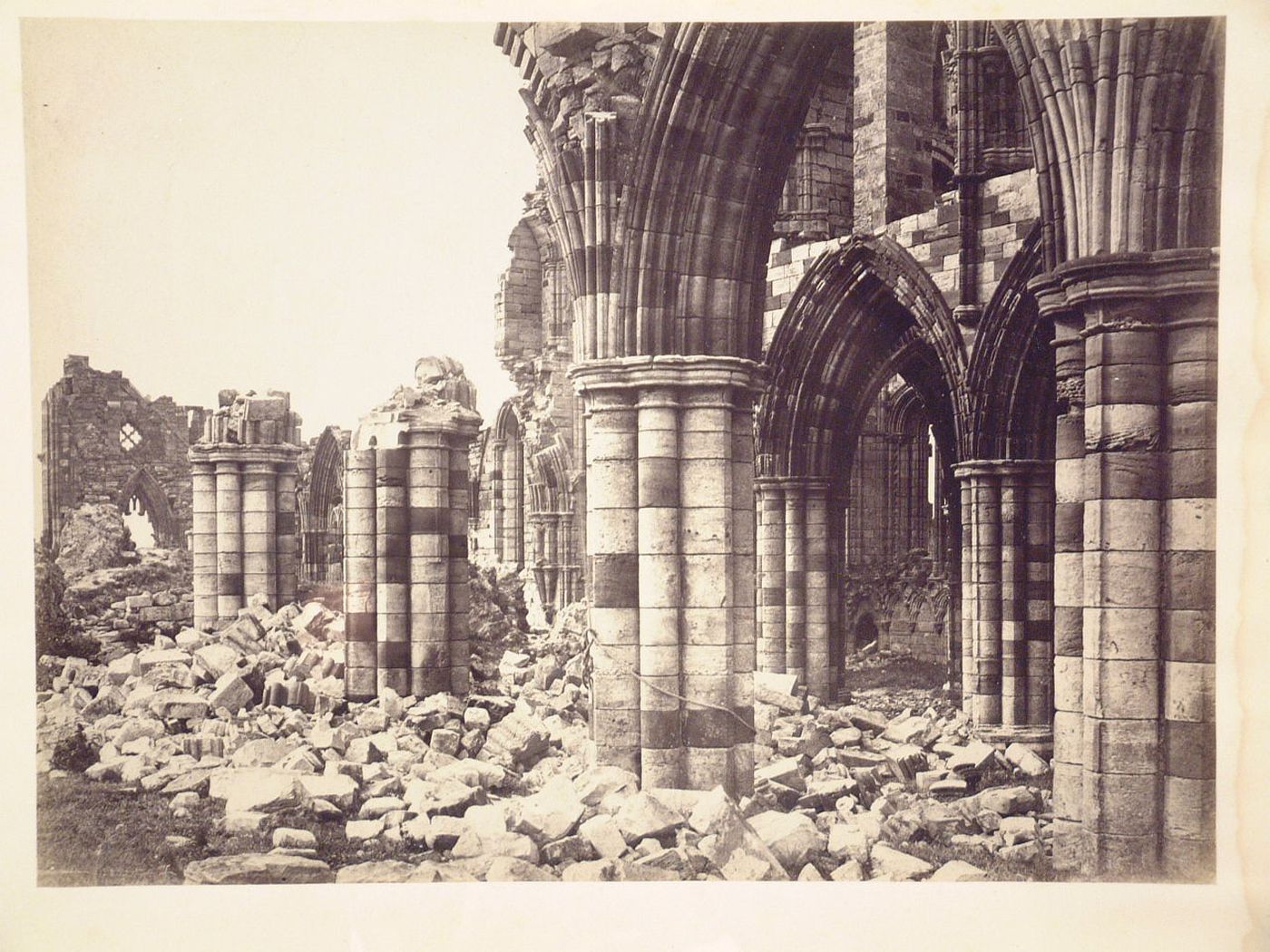 View of the ruins of Whitby Abbey, showing fallen vaults and the remains of the central tower, Whitby, England