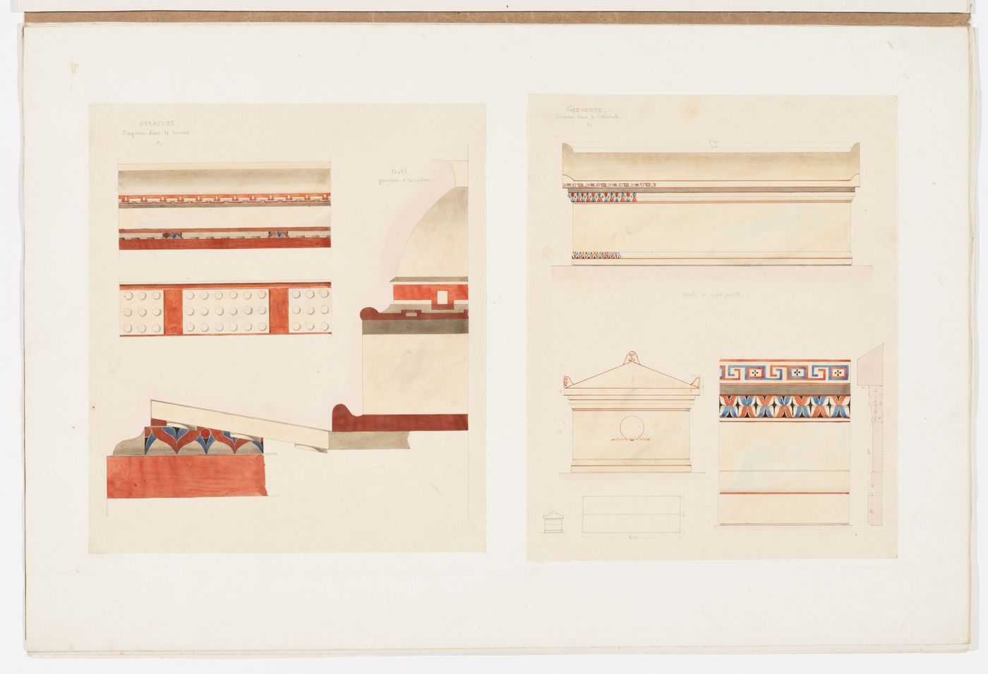Reflected plan, elevation and profile of a capital [?] and ceiling ornament in the museum, Siracusa; Elevations, roof plan, profile, and detail of the ornamentation of the tomb in the cathedral, Agrigento