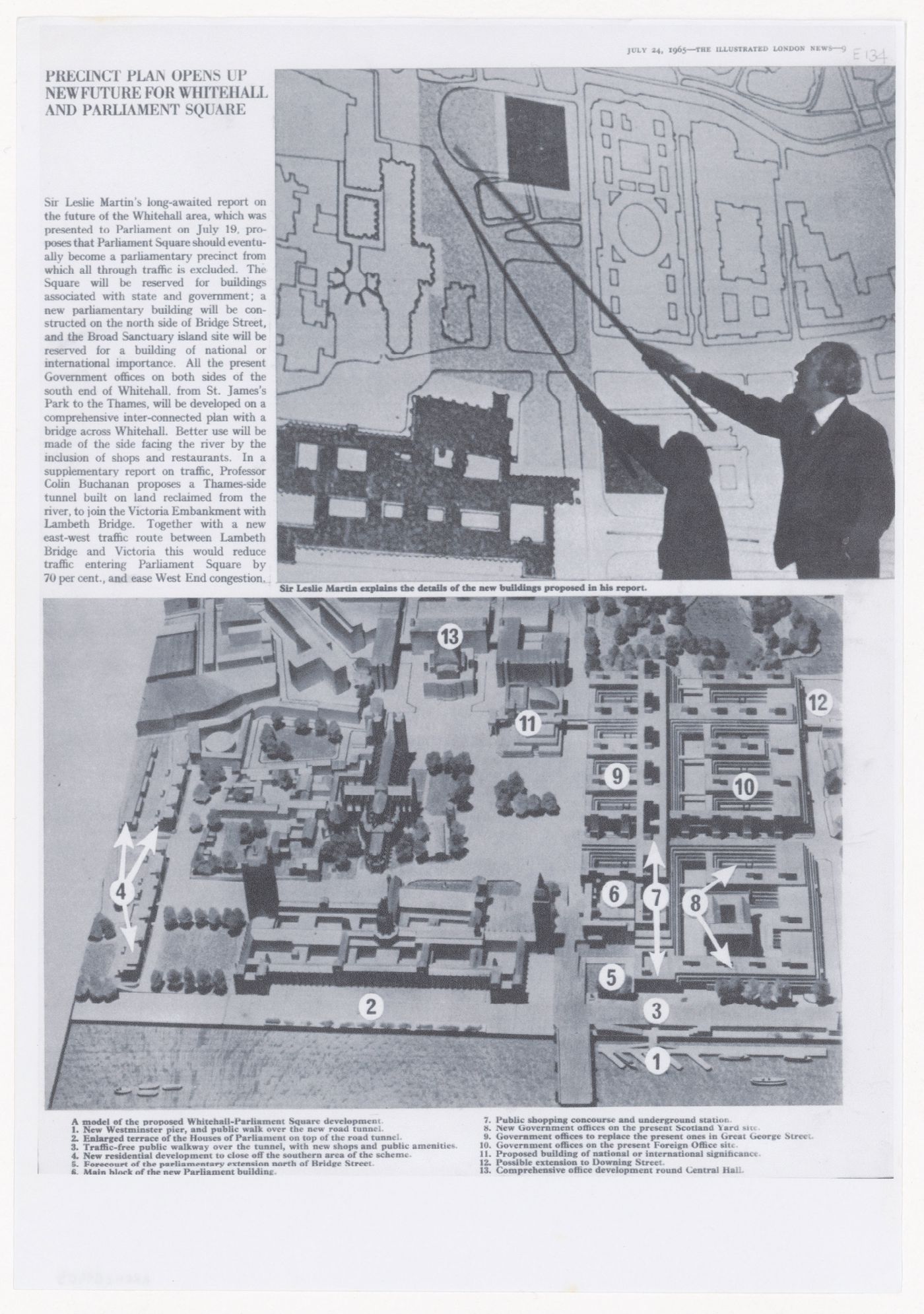 Photocopy of "Precinct plan opens up new future for Whitehall and parliament square", article from 1965 in The Illustrated London News about Whitehall: a plan for a national and government centre, London