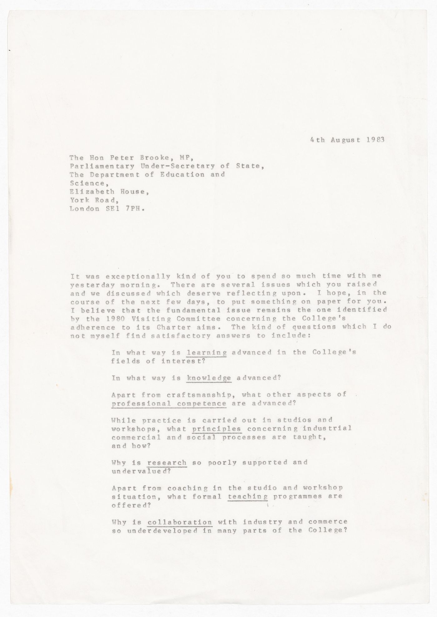 Correspondence from Lionel March to Peter Brooke regarding pedagogy and advancement at the Royal College of Art, London