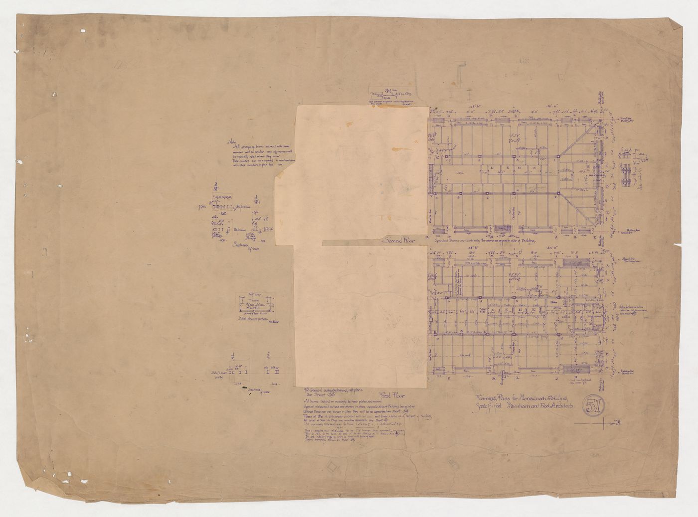 Monadnock Building, Chicago: First and second floor framing plans with details for the beams