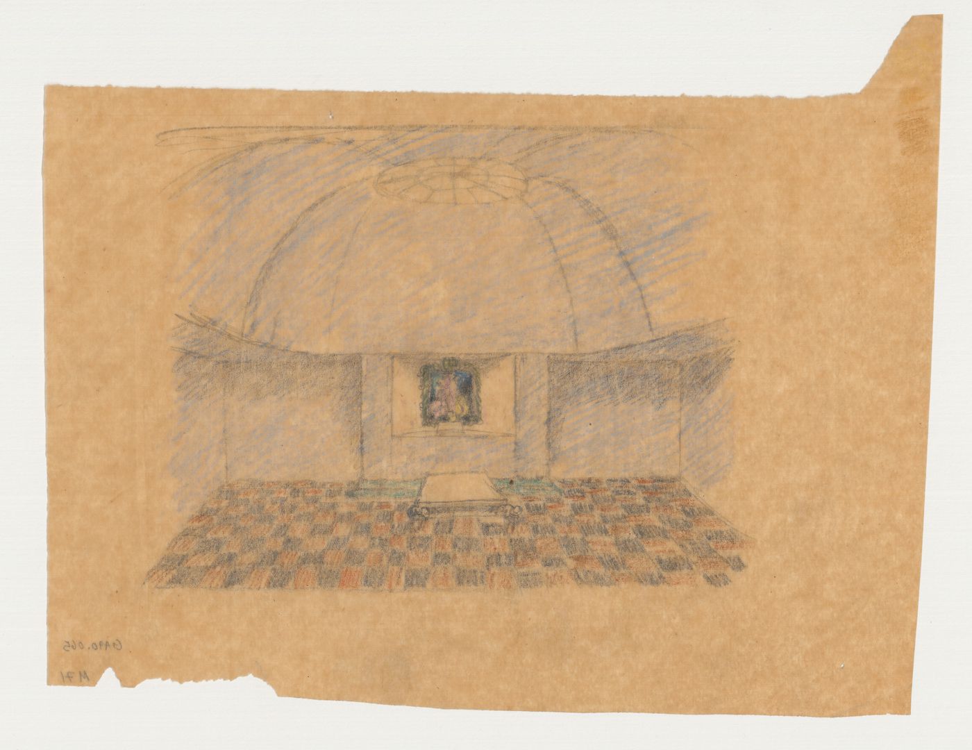 Interior perspective for Woodland Chapel showing the catafalque and sepulcher, Woodland Cemetery, Stockholm, Sweden