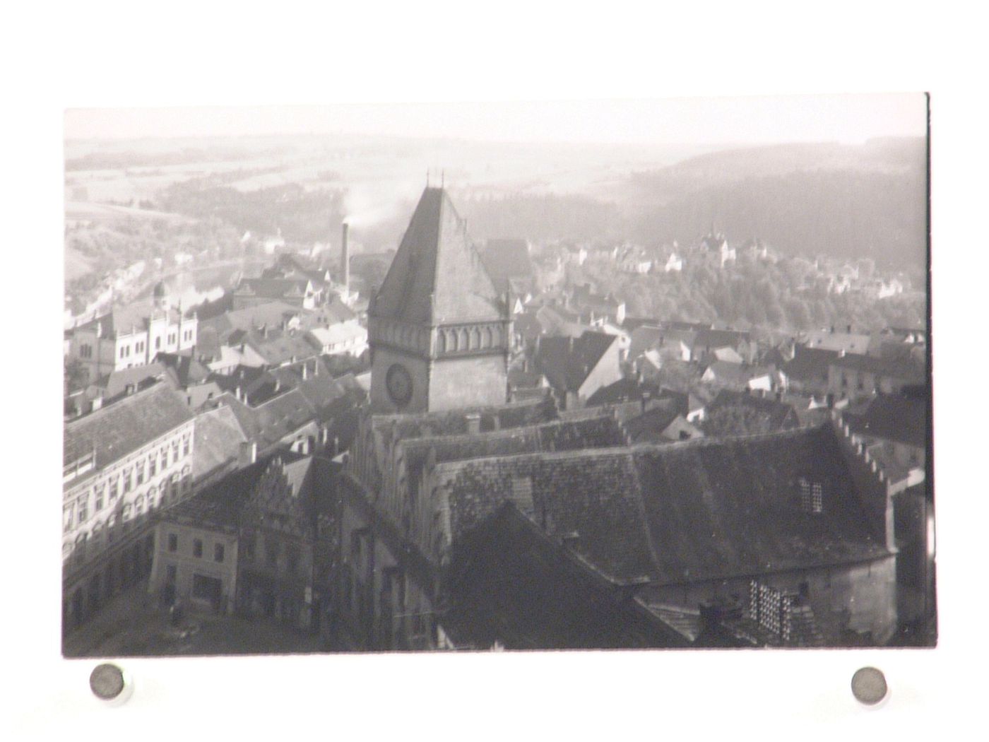 View of old house and building with square tower, landscape in distance, Prague ?, Czech Republic