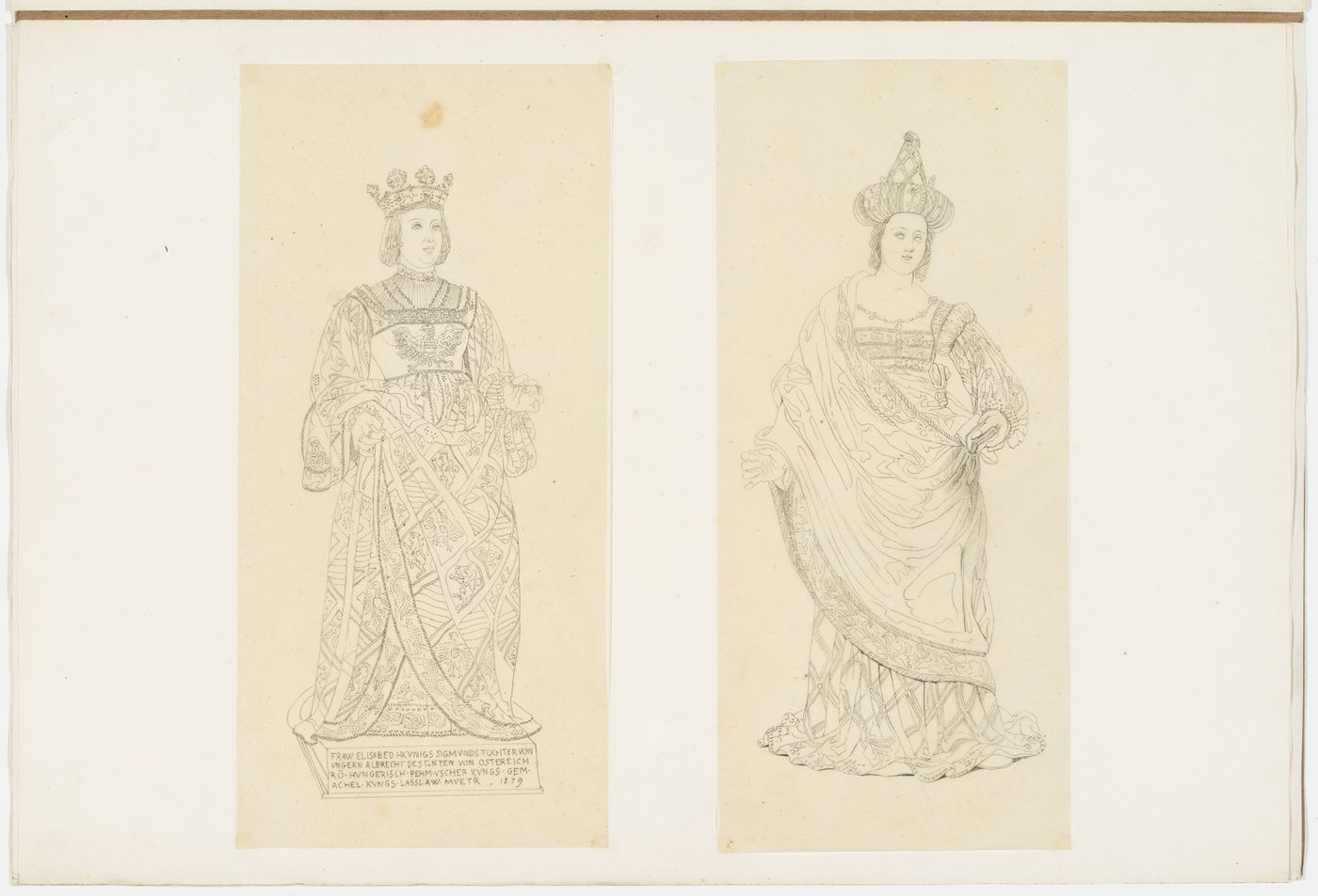 Drawings of statues of Elisabeth of Hungary, wife of Albrecht II, and of a female wearing a headress from the cenotaph of Maximilian I, Hofkirche, Innsbruck