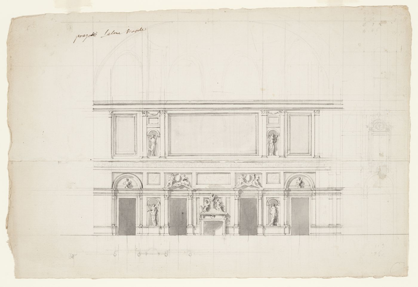 Interior elevation for a room with a partial plan, Castello di Rivoli, Turin; verso: Sketch, possibly a capital