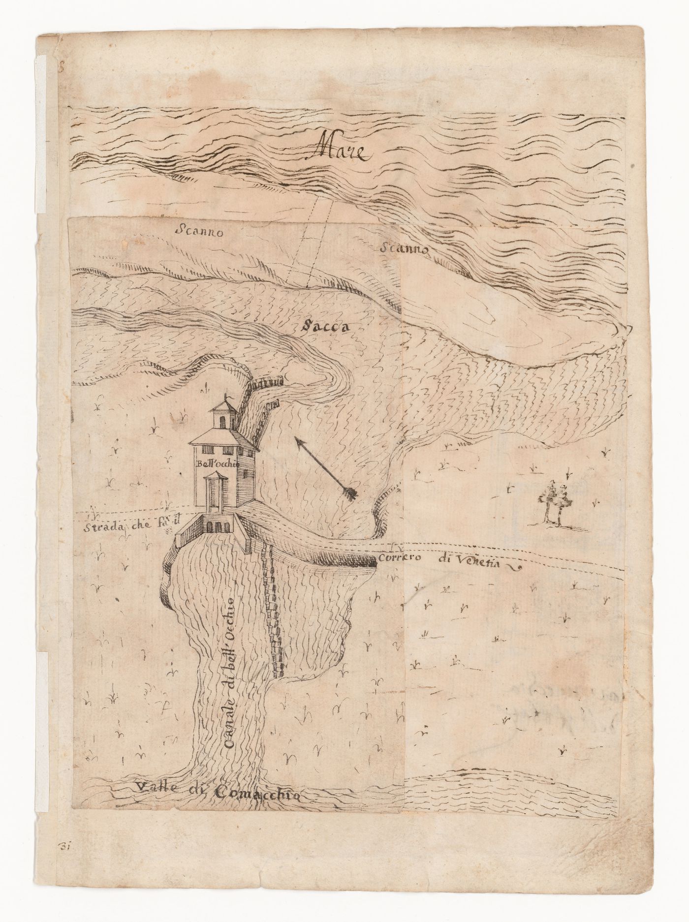 Bird's-eye view of the area around the Valle di Comacchio; verso of sheet laid down on right: Sketch of a monument with a sculpture in a niche flanked by columns; verso of leaf: Floral design for the top of a crosier
